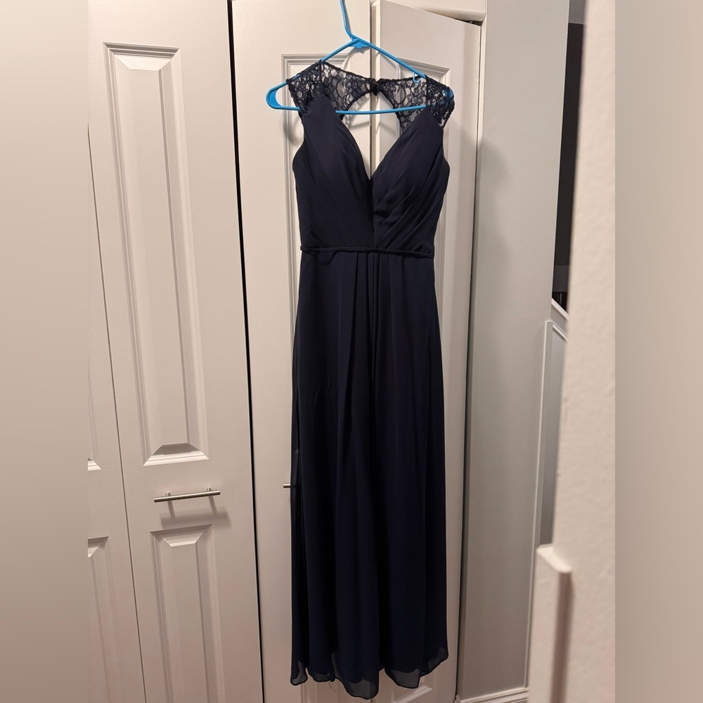 Mori Lee Navy Blue Maxi Dress with Lace